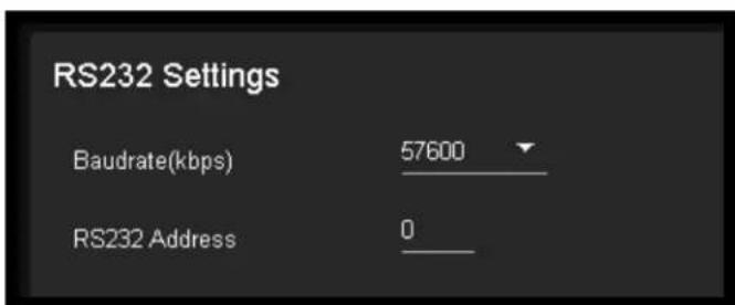 RS232 Settings Baudrate(kbps) 57600 RS232 Address 0