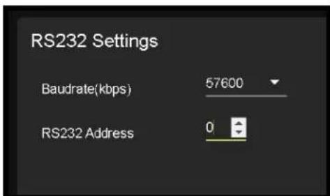 RS232 Settings Baudrate(kbps) 57600 RS232 Address 0