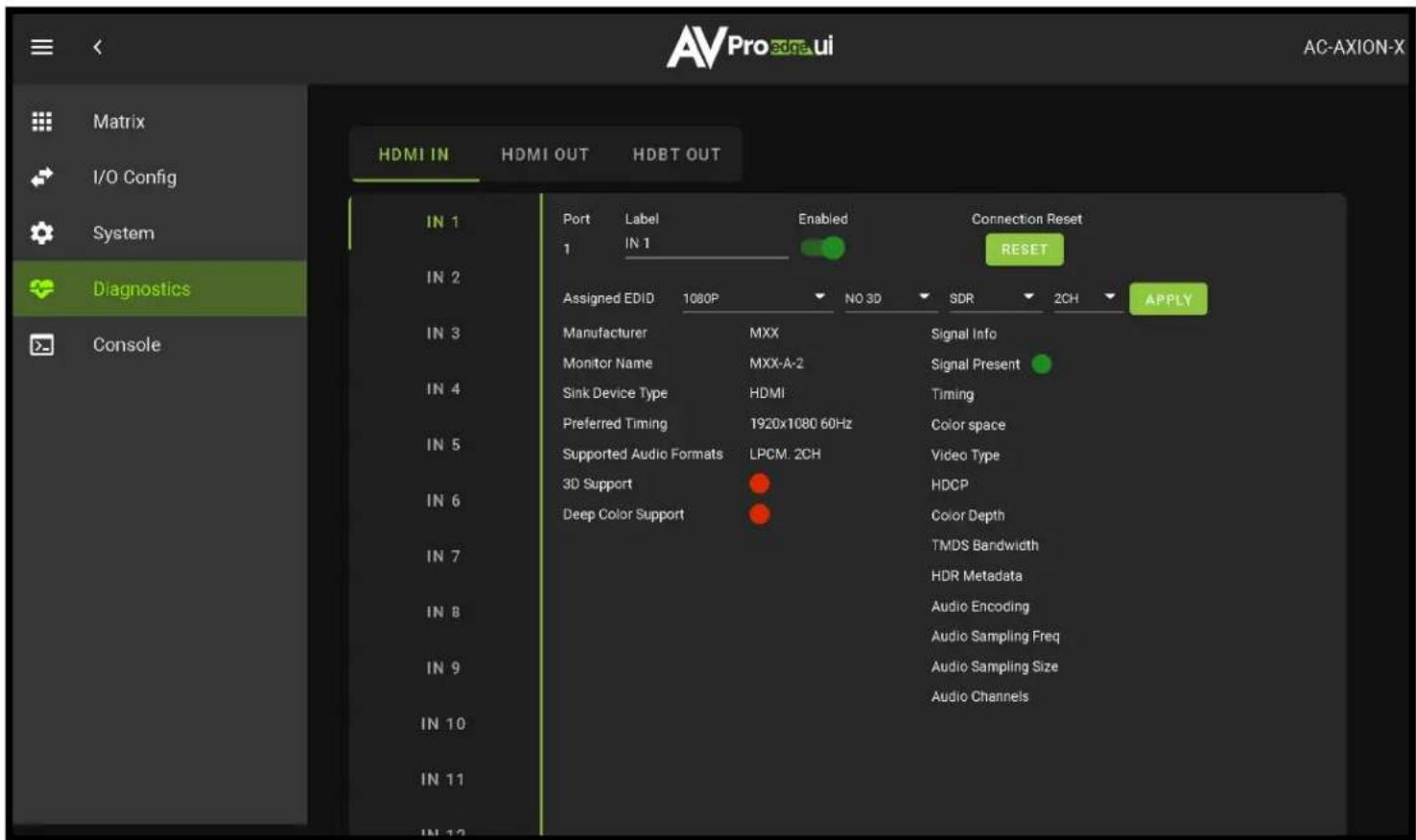 Matrix I/O Config System Diagnostics Console HDMI IN HDMI OUT HDBT OUT IN 1 IN 2 IN 3 IN 4 IN 5 IN 6 IN 7 IN 8 IN 9 IN 10 IN 11 IN 12 Port Label Enabled Connection Reset 1 IN 1 RESET Assigned EDID 1080P NO 3D SDR 2CH APPLY Manufacturer MXX Signal Info Monitor Name MXX-A-2 Signal Present Sink Device Type HDMI Timing Preferred Timing 1920x1080 60Hz Color space Supported Audio Formats LPCM. 2CH Video Type 3D Support HDCP Deep Color Support Color Depth TMDS Bandwidth HDR Metadata Audio Encoding Audio Sampling Freq Audio Sampling Size Audio Channels