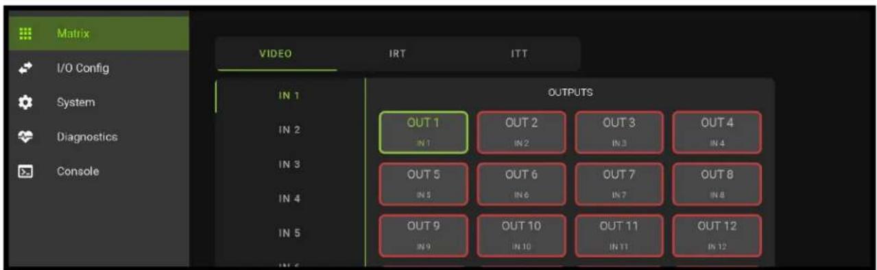 Matrix I/O Config System Diagnostics Console VIDEO IRT ITT IN 1 IN 2 IN 3 IN 4 IN 5 IN 6 OUT 1 IN 1 OUT 2 IN 2 OUT 3 IN 3 OUT 4 IN 4 OUT 5 IN 5 OUT 6 IN 6 OUT 7 IN 7 OUT 8 IN 8 OUT 9 IN 9 OUT 10 IN 10 OUT 11 IN 11 OUT 12 IN 12 OUTPUTS