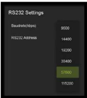 RS232 Settings Baudrate(kbps) 9600 RS232 Address 14400 19200 33400 57600 115200