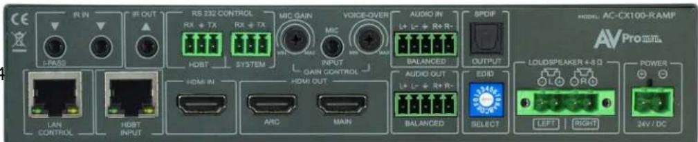 CE IR IN IR OUT RS 232 CONTROL RX + TX RX + TX MIC GAIN MIC VOICE-OVER AUDIO IN L+ L- R+ R- BALANCED SPDIF OUTPUT LAN CONTROL HDBT INPUT HDMI IN HDBT SYSTEM INPUT GAIN CONTROL HDMI OUT AUDIO OUT L+ L- R+ R- BALANCED EDID SELECT LOUDSPEAKER + 8 Ω POWER ALC-X100-RAMP AV ProTM LEFT RIGHT 24V / DC