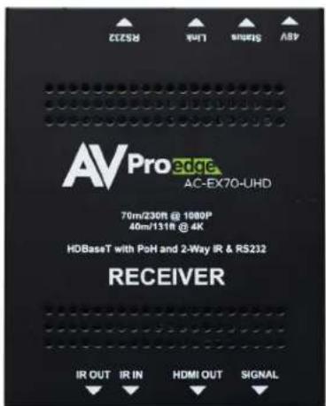 AV Pro edge AC-EX70-UHD 70m/230R @ 1080P 40m/131R @ 4K HDBaseT with PoH and 2-Way IR & RS232 RECEIVER IR OUT IR IN HDMI OUT SIGNAL