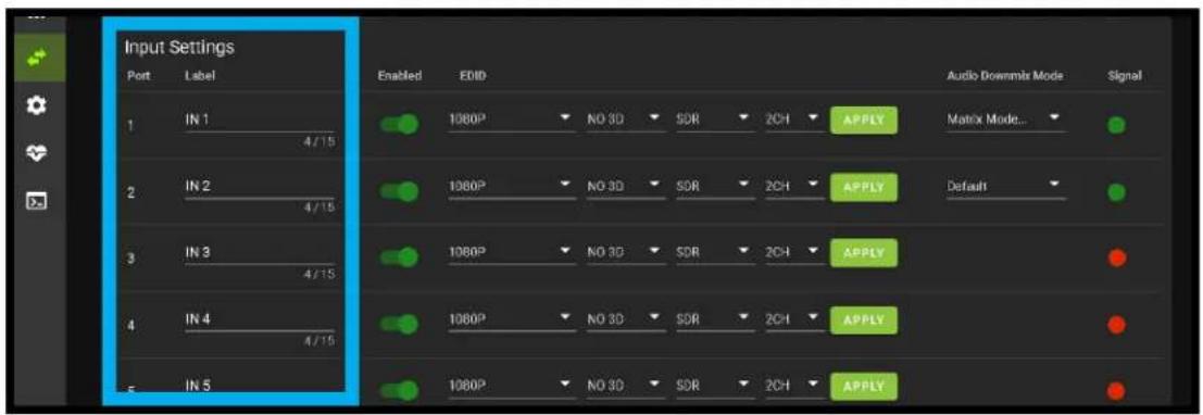 Input Settings Port Label Enabled EID Audio Downmix Mode Signal 1 IN 1 4/15 1080P NO 3D SDR 2CH APPLY Matrix Mode... 2 IN 2 4/15 1080P NO 3D SDR 2CH APPLY Default 3 IN 3 4/15 1080P NO 3D SDR 2CH APPLY 4 IN 4 4/15 1080P NO 3D SDR 2CH APPLY 5 IN 5 1080P NO 3D SDR 2CH APPLY