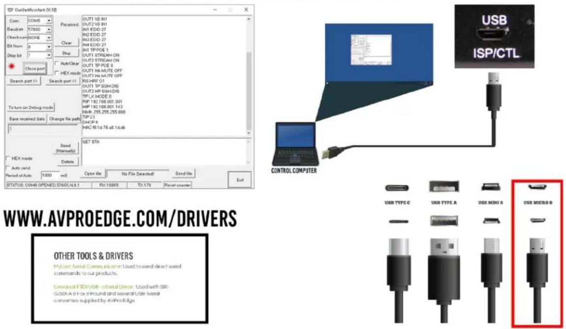 OutJetAccident (V.10) Com: COM8 Baudram: 57600 Checkcom: NONE Bit Num: 8 Stop bit: 1 Close port Search port >> To turn on Debug mode Save received data Change file path 1 Send Manual Delete HEX mode Period of Auto 1000 mS Open file No File Selected Send file Status: COM8 OPENED:57600,N.8.1 Rx:18985 Tx:179 Reset counter OUT1 VS IN1 OUT2 VS IN1 IN1 EDD 27 IN2 EDD 27 IN3 EDD 27 IN4 EDD 27 IN1 TP/POE 1 OUT1 STREAM ON OUT2 STREAM ON OUT1 TP/POE 8 OUT1 HA MUTE OFF OUT2 HA MUTE OFF RS HRF 01 OUT1 TP SIM/OS OUT2 HP EGA/OSB TPLK/AODE 6 RIP 192.168.001.001 HIF 192.168.001.143 HWR 295.205.255.000 RIP 23 D4CP 8 MAC 6.14.78.all.1.ddb GET STA CONTROL COMPUTER USB ISP/CTL WWW.AVPROEDGE.COM/DRIVERS OTHER TOOLS & DRIVERS Motion Serial Communications Used to send direct serial commands to our products. Unvisited FIDI USB->Serial Driver: Used with SDG-GSSA A-Box i-Hound and several USB Serial converters supplied by AvPro Edge
