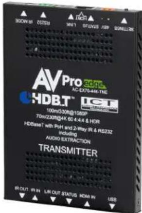 AV Pro edge AC-EX70-444-TNE HDB.T ICI 100m/330R/1060F 70n/230RS4K 60 4:4.4 & HDR HDBset® with PoH and 2-Way IR & RS232 including AUDIO EXTRACTION TRANSMITTER IR OUT IR IN LR OUT STATUS HDMI IN USB