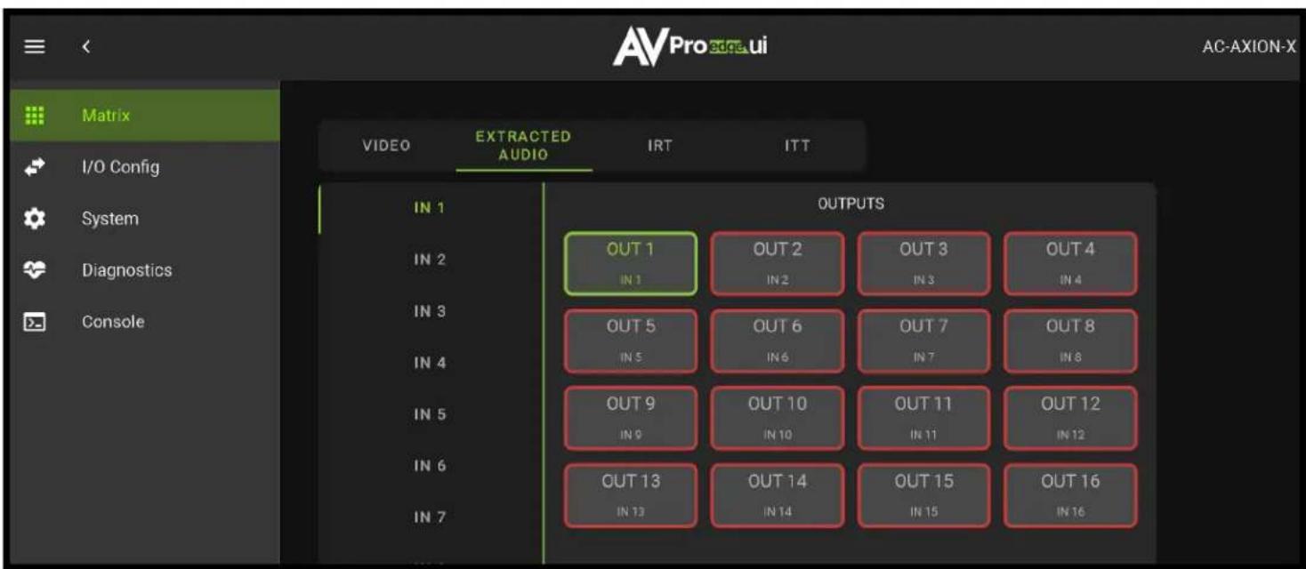 AVPro edge.ui AC-AXION-X Matrix VIDEO EXTRACTED AUDIO IRT ITT IN 1 IN 2 IN 3 IN 4 IN 5 IN 6 IN 7 OUT 1 IN 1 OUT 2 IN 2 OUT 3 IN 3 OUT 4 IN 4 OUT 5 IN 5 OUT 6 IN 6 OUT 7 IN 7 OUT 8 IN 8 OUT 9 IN 9 OUT 10 IN 10 OUT 11 IN 11 OUT 12 IN 12 OUT 13 IN 13 OUT 14 IN 14 OUT 15 IN 15 OUT 16 IN 16