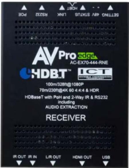 SETTING 48V STATUS LINK RS232 POE AVPro edge AC-EX70-444-RNE HDBT™ 100m/328ft@1080P 70m/230ft@4K 60 4:4:4 & HDR HDBaseT with PoH and 2-Way IR & RS232 including AUDIO EXTRACTION RECEIVER IR OUT IR IN L/R OUT HDMI OUT USB