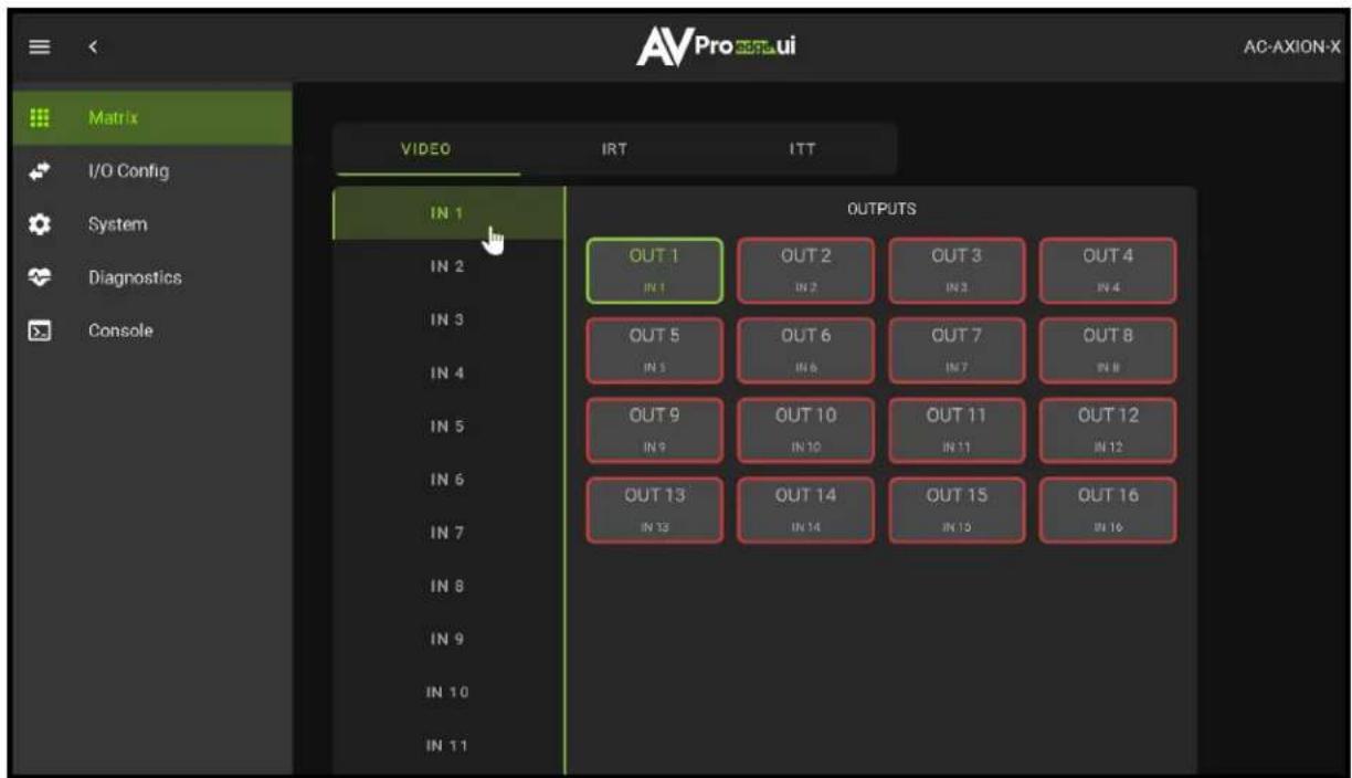 AVPro 2023ui AC-AXION-X Matrix VIDEO IRT ITT IN 1 IN 2 IN 3 IN 4 IN 5 IN 6 IN 7 IN 8 IN 9 IN 10 IN 11 OUTPUTS OUT 1 IN 1 OUT 2 IN 2 OUT 3 IN 3 OUT 4 IN 4 OUT 5 IN 5 OUT 6 IN 6 OUT 7 IN 7 OUT 8 IN 8 OUT 9 IN 9 OUT 10 IN 10 OUT 11 IN 11 OUT 12 IN 12 OUT 13 IN 13 OUT 14 IN 14 OUT 15 IN 15 OUT 16 IN 16