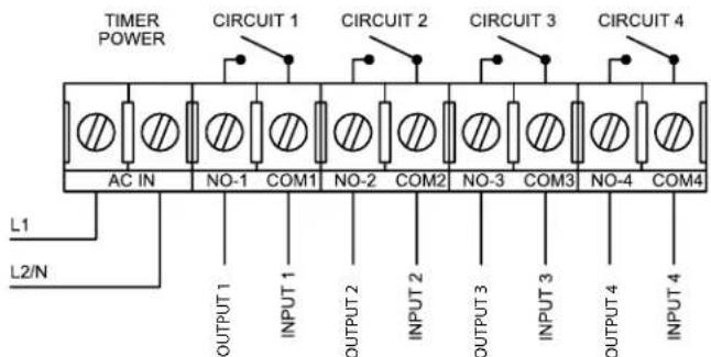 TIMER POWER CIRCUIT 1 CIRCUIT 2 CIRCUIT 3 CIRCUIT 4 AC IN NO-1 COM1 NO-2 COM2 NO-3 COM3 NO-4 COM4 L1 L2/N OUTPUT 1 INPUT 1 OUTPUT 2 INPUT 2 OUTPUT 3 INPUT 3 OUTPUT 4 INPUT 4