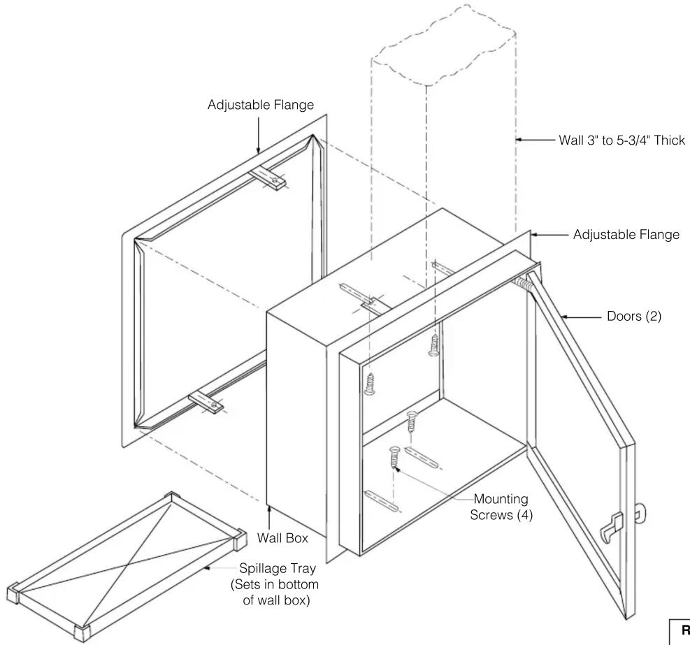 Adjustable Flange Wall 3" to 5-3/4" Thick Adjustable Flange Doors (2) Mounting Screws (4) Wall Box Spillage Tray (Sets in bottom of wall box)