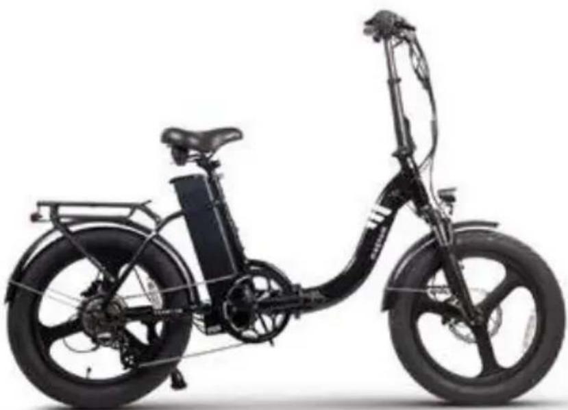 Side profile of a black electric bicycle with extended front wheel and rear side panel (no visible text or symbols)