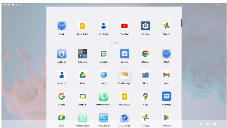 9:44 Clock Knoop Noto Contacts YouTube Settings Photos All apps Applics Labrador Calendar Camera Chrome Clock Contacts Drive Get File Manager Files Email Google Google TV ManthusiDefact KnoopNoto Maps Youtube About MemoryClean Multi Display UTA Service Photos Play Store