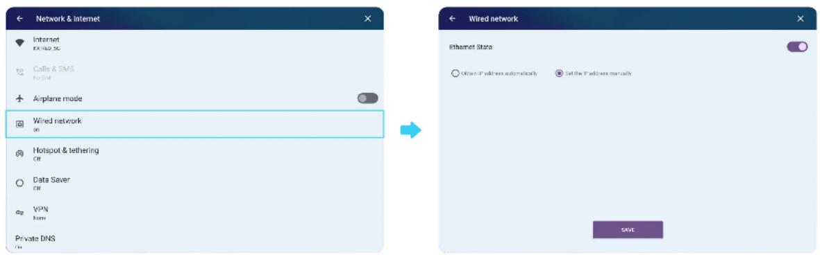 Network & internet Internet KK 1020.5G Calls & SMS No SIM Airplane mode Wired network on Hotspot & tethering Off Data Saver Off VPN home Private DNS Wired network Ethernet State Other IP address automatically Set the IP address manually SAVE