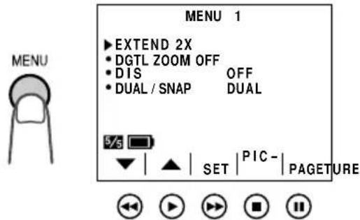 MENU 1 ►EXTEND 2X • DGTL ZOOM OFF • DIS OFF • DUAL / SNAP DUAL 5/5 SET | PIC- | PAGETURE