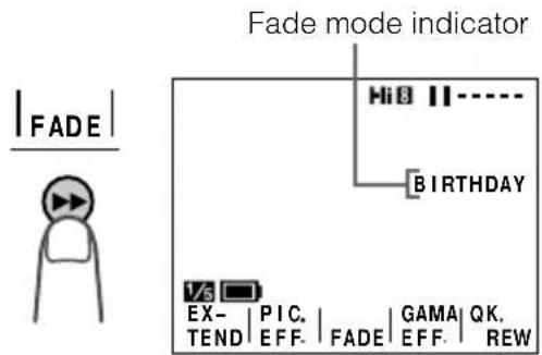Fade mode indicator Hi8 11----- BIRTHDAY 1/5 EX- PIC- GAMA QK. TEND EFF. FADE EFF. REW