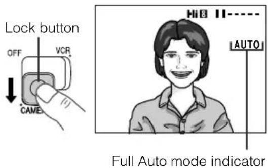 Lock button, OFF, VCR, CAME, Hi 11, AUTO, Full Auto mode indicator.