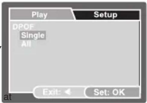 Play Setup DPOF Single All Exit: ← Set: OK