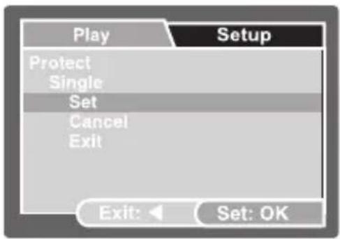 Play Setup Protect Single Set Cancel Exit Exit: Set: OK