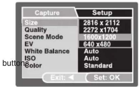 Capture Setup Size 2816 x 2112 Quality 2272 x1704 Scene Mode 1600x1200 EV 640 x480 White Balance Auto ISO Auto Color Standard Exit: Set: OK