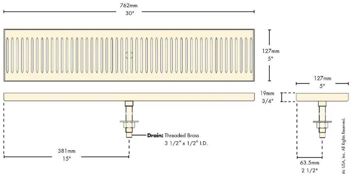 762mm 30" 127mm 5" 19mm 3/4" Drain: Threaded Brass 3 1/2" x 1/2" I.D. 381mm 15" 63.5mm 2 1/2" Satic USA, Inc. All Rights Reserved.