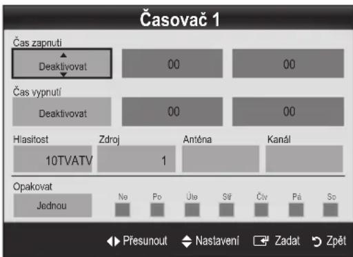 Časovač 1 Čas zapnuti Deaktivovat 00 00 Čas vyprutí Deaktivovat 00 00 Hlasitost 10TVATV Zdroj 1 Antóna Kanál Opakovat Jednou No Po Úte Síř Čiv Pá So Přesunout Nastavení Zadat Zpět