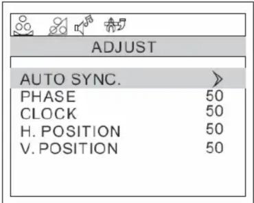 ADJUST AUTO SYNC. > PHASE 50 CLOCK 50 H. POSITION 50 V. POSITION 50