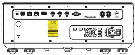 Diagram of a device rear panel with labeled ports, switches, and a warning symbol