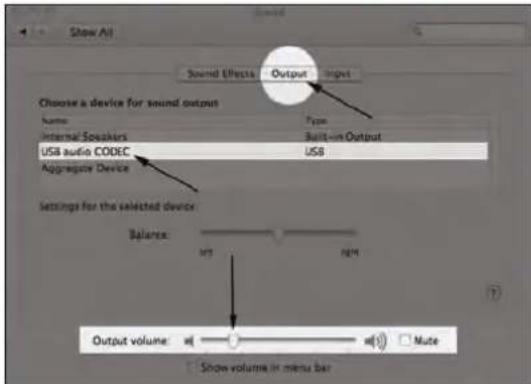 Show All Sound Effects Output Input Choose a device for sound output Name Type Internal Speakers Built-in Output USB audio CODEC USB Aggregate Device Settings for the selected device Balance: OUT REF Output volume: Mute Show volumes in menu bar