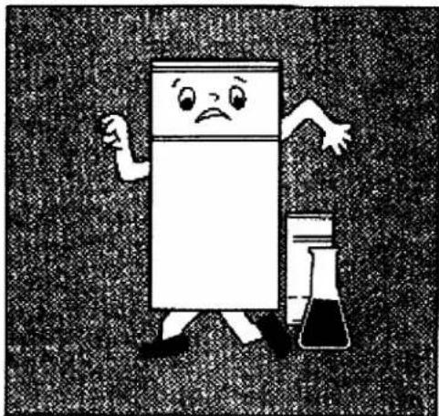 Cartoon illustration of a smiling refrigerator character standing next to a beaker with liquid, no text or symbols present.