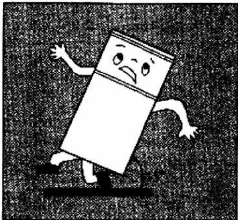 Cartoon illustration of a distressed rectangular character standing on a platform (no text or symbols)