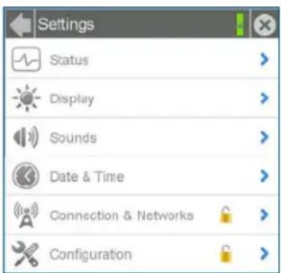Settings Status Display Sounds Date & Time Connection & Networks Configuration