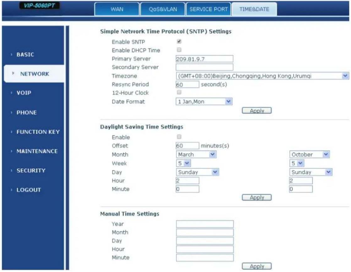 VIP-5060PT WAN QoS&VLAN SERVICE PORT TIME&DATE Simple Network Time Protocol (SNTP) Settings Enable SNTP Enable DHCP Time Primary Server Secondary Server Timezone (GMT+08:00)Beijing,Chongqing,Hong Kong,Urumqi Resync Period 60 second(s) 12-Hour Clock Date Format 1 Jan,Mon Apply Daylight Saving Time Settings Enable Offset 60 minutes(s) Month March Week 5 Day Sunday Hour 2 Minute 0 October 5 Sunday 2 0 Apply Manual Time Settings Year Month Day Hour Minute Apply