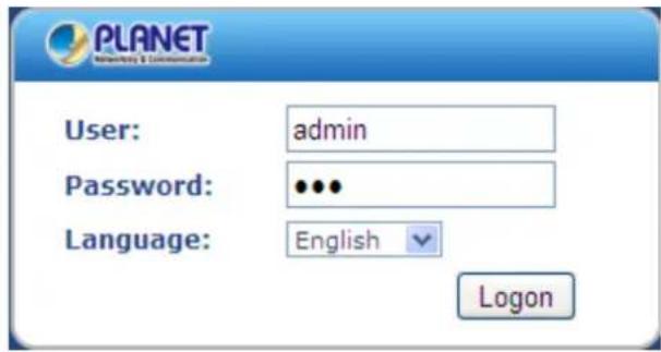 PLANET User: admin Password: ••• Language: English Logon