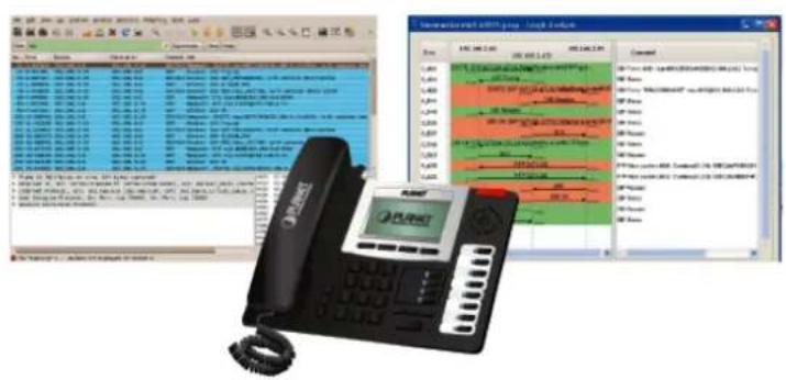 Screenshot of a telephone management interface with real-time monitoring and control panels, including a close-up of the device.