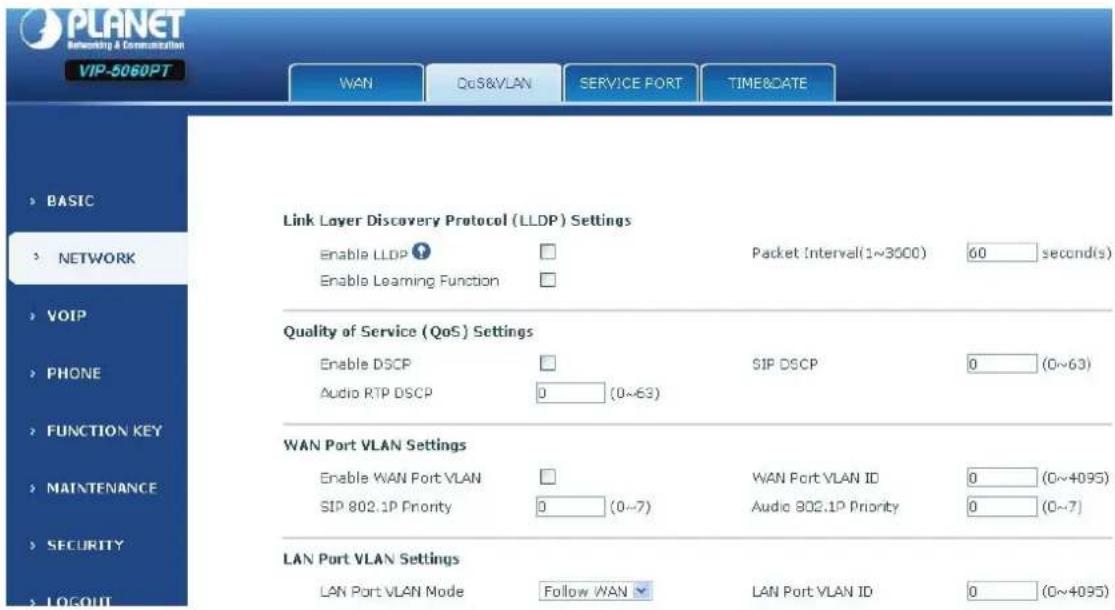 PLANET Networking & Communication VIP-5060PT WAN QoS&VLAN SERVICE PORT TIME&DATE BASIC NETWORK VOIP PHONE FUNCTION KEY MAINTENANCE SECURITY LOGOUI Link Layer Discovery Protocol (LLDP) Settings Enable LLDP Enable Learning Function Packet Interval(1~3500) 60 second(s) Quality of Service (QoS) Settings Enable DSCP Audio RTP DSCP SIP DSCP 0 (0~63) WAN Port VLAN Settings Enable WAN Port VLAN SIP 802.1P Priority 0 (0~7) WAN Port VLAN ID Audio 802.1P Priority 0 (0~7) LAN Port VLAN Settings LAN Port VLAN Mode Follow WAN LAN Port VLAN ID 0 (0~4095)