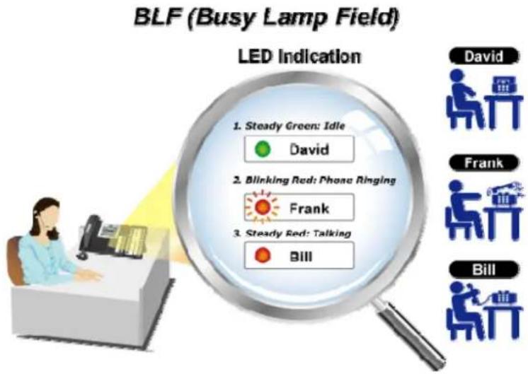 BLF (Busy Lamp Field) LED Indication 1. Steady Green: Idle David 2. Blinking Red: Phone Ringing Frank 3. Steady Red: Talking Bill David Frank Bill