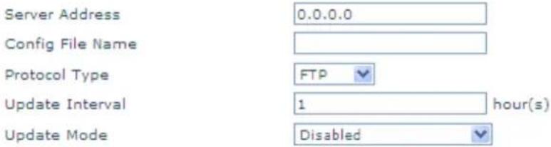 Server Address 0.0.0.0 Config File Name Protocol Type FTP Update Interval 1 hour(s) Update Mode Disabled
