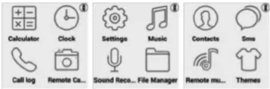 Calculator Clock Settings Music Contacts Sms Call log Remote Ca... Sound Reco... File Manager Remote mu... Themes