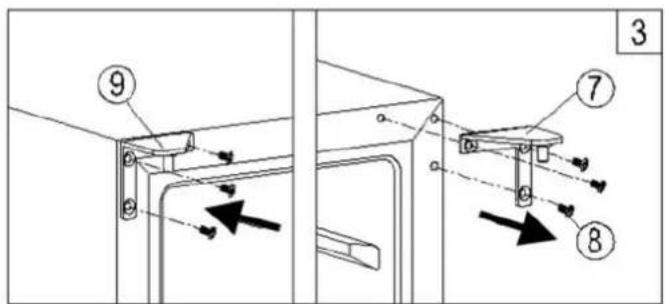 Technical diagram showing two mechanical assembly steps with numbered components and directional arrows indicating movement or force.