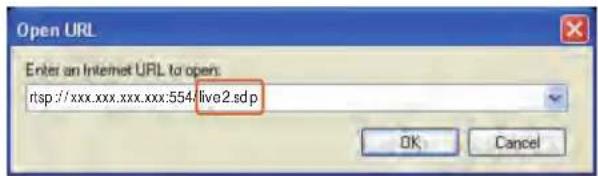 Open URL Enter an Internet URL to open: rtsp://xxx.xxx.xxx.xxx:554/live2.sdp OK Cancel