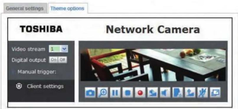 General settings Theme options TOSHIBA Network Camera Video stream 1 Digital output On Off Manual trigger: Client settings