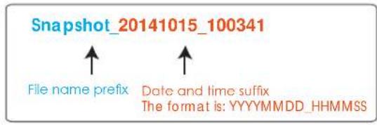 Snapshot_20141015_100341 File name prefix Date and time suffix The format is: YYYYMMDD_HHMMSS