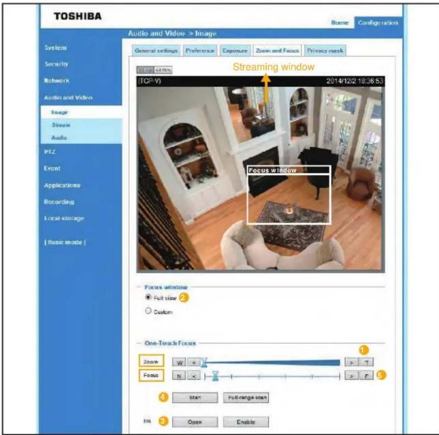 TOSHIBA Audio and Video > Image System Security Network Audio and Video Image Stream Audio PTZ Event Applications Recording Local storage Basic mode | General settings Preference Exposure Zoom and Focus Privacy mask Streaming window (TQ3-V) 2014/12/2 18:36:53 Focus window Focus window Full view Cust…
