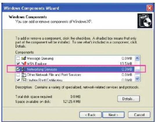 Windows Components Wizard Windows Components You can add or remove components of Windows XP. To add or remove a component, click the checkbox. A shaded box means that only part of the component will be installed. To see what's included in a component, click Details. Components Message Queueing 0.0 M…