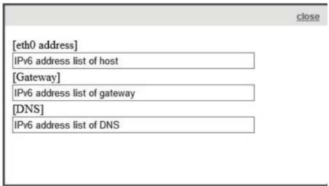 [eth0 address] IPv6 address list of host [Gateway] IPv6 address list of gateway [DNS] IPv6 address list of DNS close