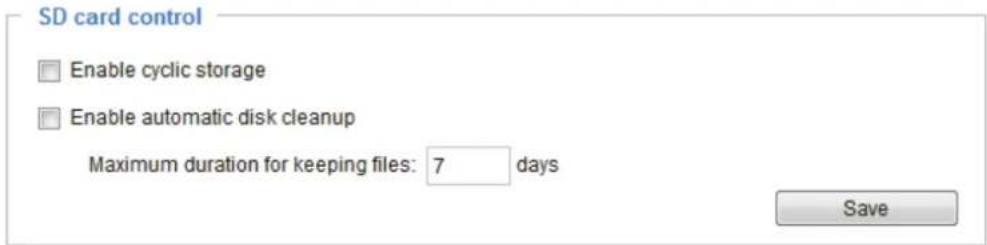 SD card control Enable cyclic storage Enable automatic disk cleanup Maximum duration for keeping files: 7 days Save