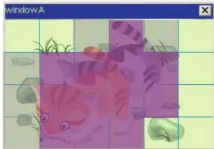 Illustration of a pink cat with green grass and fish, set against a grid background (no text or symbols)
