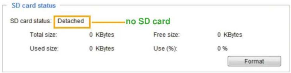 SD card status SD card status: Detached — no SD card Total size: 0 KBytes Free size: 0 KBytes Used size: 0 KBytes Use (%): 0 % Format