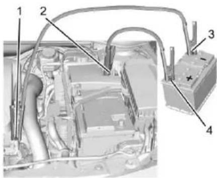 Technical diagram of an automotive engine bay with numbered components and labeled parts
